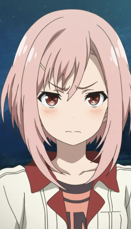 masterpiece,best quality,amazing quality,
<lora:yoshinokoharuNAI:1>,yoshinokoharu,
1girl,solo,pink hair,short hair,yellow hairpin,bangs,red eyes,white jacket,orange tank top,portrait,looking at viewer,furrowed brow,looking ahead,outdoors,night,night sky,hill,depth of field,