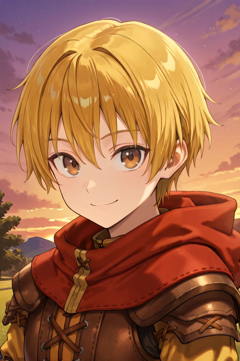 <lora:Canaan:0.9> , CaDef, solo, 1boy, brown eyes, short hair, blonde hair, red hood, hood down, shoulder pads, elbow pads, armor, brown armor, cross-laced clothes, yellow sleeves, looking at viewer, smile, exterior, evening, ((close-up, face)), portrait, solo, masterpiece, very aesthetic, absurdres, best quality, amazing quality, high resolution, detailed background, <lora:illustrious_quality_modifiers_masterpieces_v1:0.8> , <lora:ChamIllustriousBackgroundEnhancer:0.5>