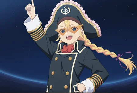 (kamina shades:1.5), anime screenshot, anime screencap, anime coloring, upper body, 1girl, blue eyes, twin braids, blonde hair, sidelocks, pirate hat, ascot, coat, standing, space, star \(sky\), planet, outdoors, proud, hand on own hip, pointing up, arm up, kamina shades, open mouth, smile, upper teeth only, <lora:Patty_Fleur:1>black coat on shoulders, wind, looking at viewer,, masterpiece, best quality, amazing quality, very aesthetic, absurdres, highres, newest