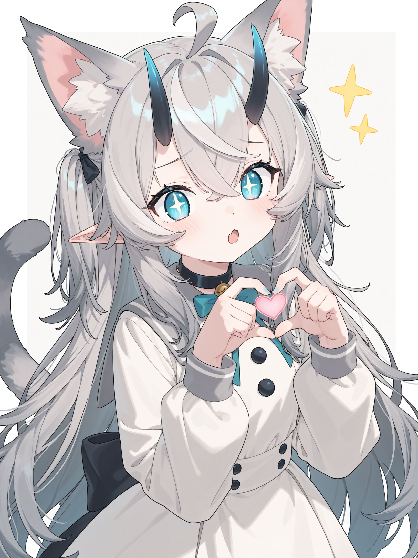 <lora:cuite:1>,Ñute girl,cat ears,+_+,blue eyes,grey hair,long hair,5 fingers,cat tail,shows a heart with his hands