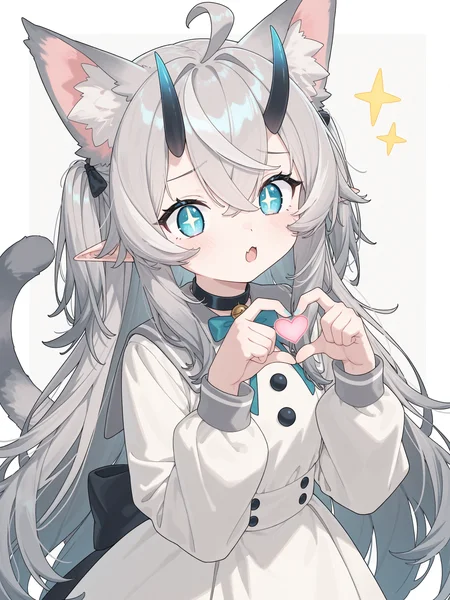 <lora:cuite:1>,Ñute girl,cat ears,+_+,blue eyes,grey hair,long hair,5 fingers,cat tail,shows a heart with his hands