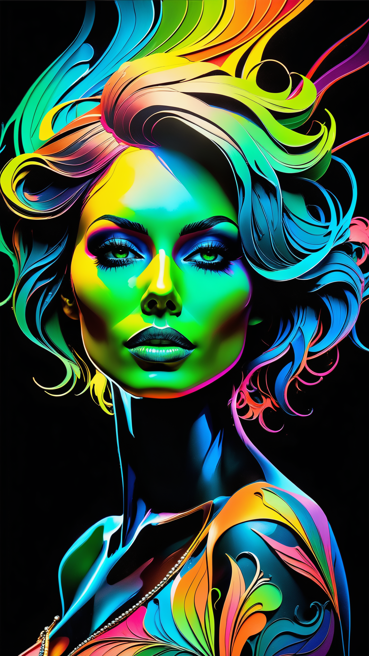 a woman made entirely out of Colorful ink, short tousled hair, full body, silhouette on a dark background, photo, studio lighting, in the style of artgerm, comic style,3D model, mythical seascape, negative space, space quixotic dreams, temporal hallucination, psychedelic, mystical, intricate details, very bright neon colors, (vantablack background:1.5), pointellism, pareidolia, melting, symbolism, very high contrast, chiaroscuro, illustration, cartoon, soothing tones, calm colors, (masterpiece, high quality, horror:1.3), (solo:1.1), a digital arf of a green skeleton girl, cover of a deathcore band, Extreme detail, photorealistic, morbid, paper texture, nsfw