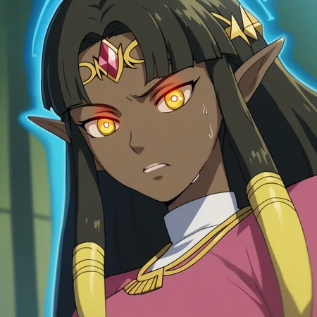 source_anime, colorful, score_9, score_7_up, 1girl, Princess Zelda, C0NTR4CT0R, BREAK, (C0NTR4CT0R), (1girl), , rating_explicit, (Karin_(Blue Archive)), (dark-skinned_female:1.2), 1girl, yellow eyes, shiny skin, sweat, urushihara_satoshi red_pupils, glowing, glowing eyes, blue aura
