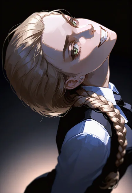 night shot of masterpiece, ultra-HD, impressionism (1.5), high detail, depth of field,
 katyastik, 1girl, solo, long hair, braid, blonde hair, jewelry, earrings, single braid, green eyes, single braid, stud earrings,  
teeth, looking at viewer, from side (left), (from above), head back, grin, close-up, album cover, parody, black background
 <lora:NOOB_vp1_detailer_by_volnovik_v1:1.4>  dark theme <lora:nhl-001:1> nhl-001, limited palette, realistic, <lora:katyastikTEST:1>. Dark, lit, moody, mysterious