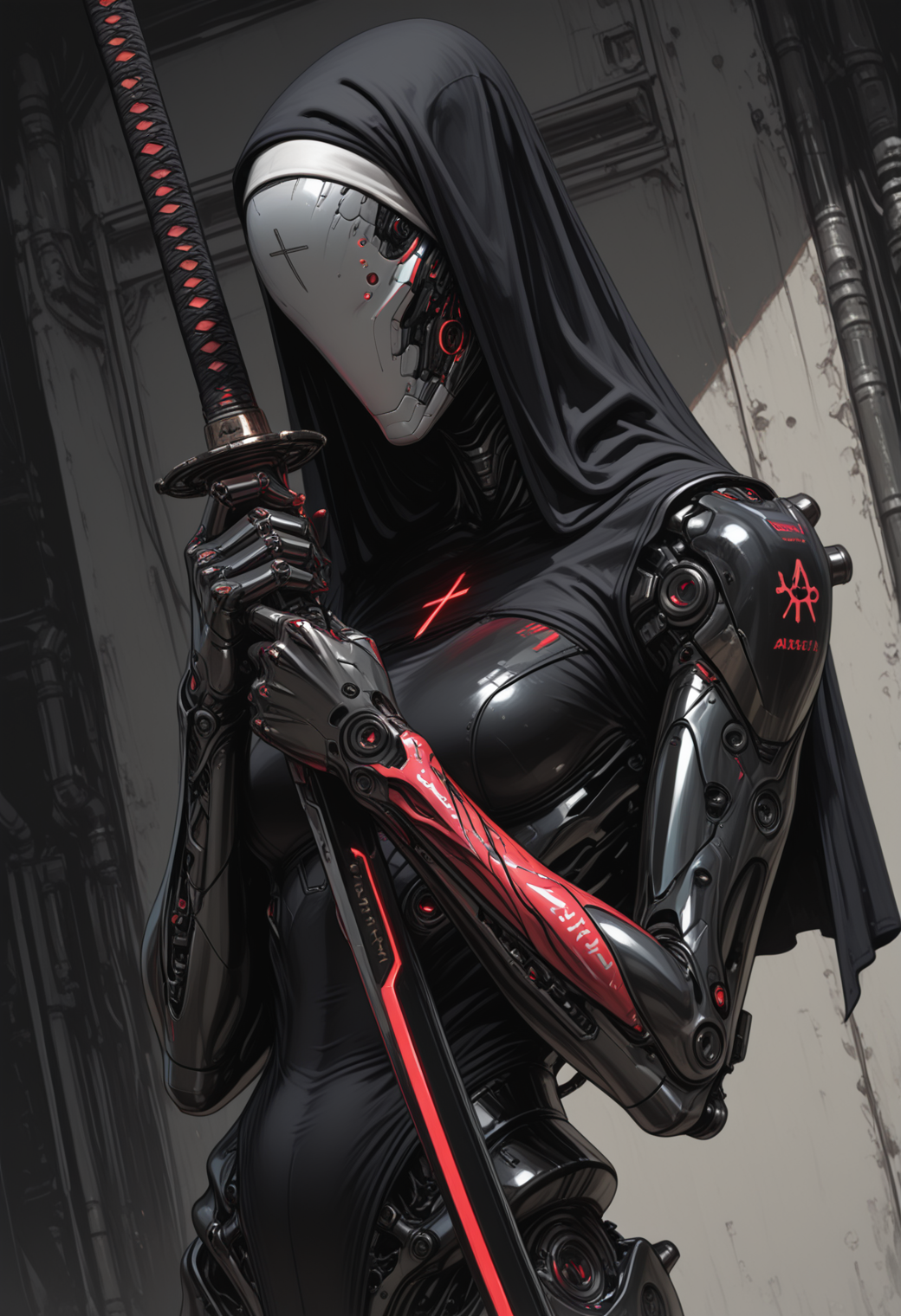 masterpiece,best quality,amazing quality,32k,ultra detailed, 1girl, cybrorg, humanoid, covered face with cyborg mask, long katana in hands, futuristic design, skinny, anthropomorphic creature from steel and chrome, carbon armor as clothes, composite armor, armor joints glow neon red, battle stance, nun style, holy cyborg, close up, dutch angle, one katana forward, sinozick_illu, arsmjstyle, <lora:Sinozick_style:0.65> <lora:HyperdetailedColoredPencilIl:0.25> <lora:illustriousXL_stabilizer_v1.23:0.35>, <lora:- iLL - the_edgy_mech_V2.0-:0.5>
