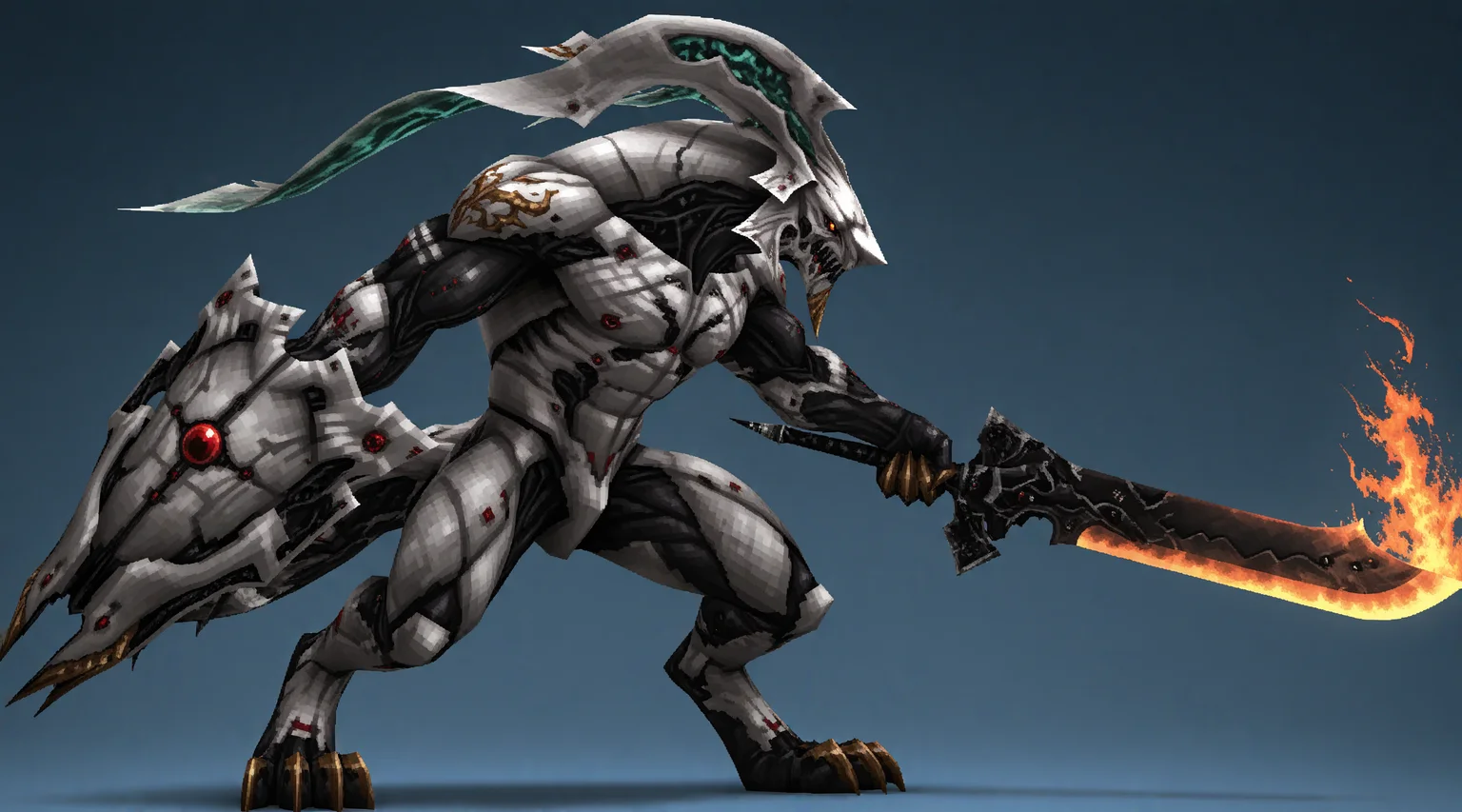 IllusP0s,<lora:ps1_character:1>,3d,low poly,
masterpiece,best quality,amazing quality,chibi,
1other,solo,<lora:Beta_Behemoth:1>,Final Fantasy XIII Beta Behemoth,multiple eyes,glowing eyes,digitigrade,claws,1boy,biomechanical beast,holding big sword,
(side view:1.2),serious,creepy,full body,holding shield,holding flaming sword,monster,ghostly,fighting stance,boss fight,
blue background,ps1ch4r4cter,final fantasy vi,