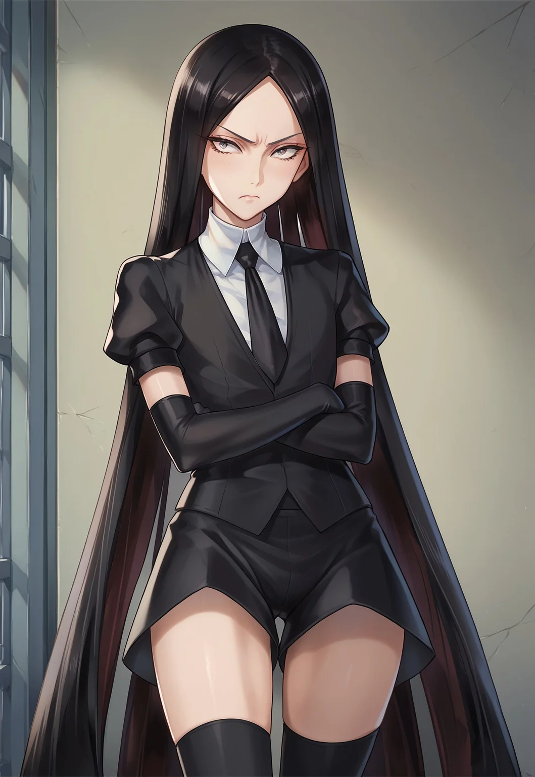 score_9, score_8_up, score_7_up, bordxl11, androgynous, black hair,crystal hair, parted bangs, black eyes, very long hair, gem uniform (houseki no kuni),black gloves,black jacket, white shirt,black shorts, black necktie, puffy sleeves, short sleeves, black gloves, black stockings, crossed arms, frown