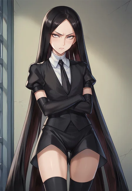 score_9, score_8_up, score_7_up, bordxl11, androgynous, black hair,crystal hair, parted bangs, black eyes, very long hair, gem uniform (houseki no kuni),black gloves,black jacket, white shirt,black shorts, black necktie, puffy sleeves, short sleeves, black gloves, black stockings,  crossed arms,  frown