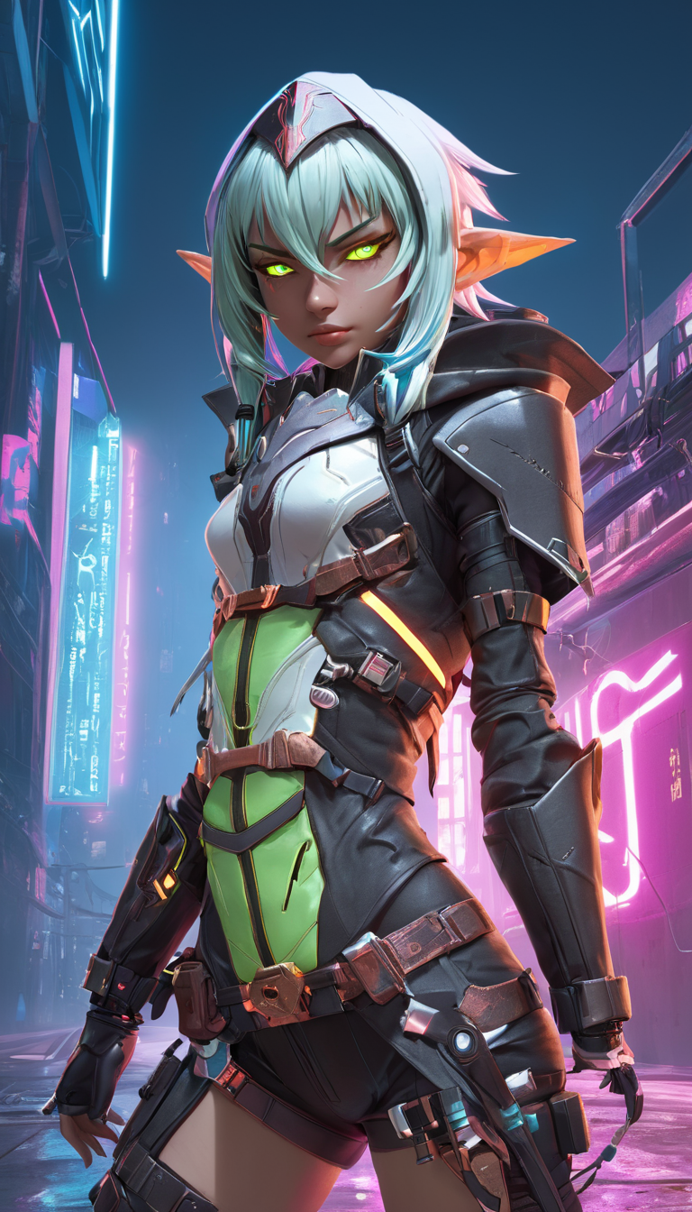 High Elf Archer \(Goblin Slayer!\), (reimagined in a cyberpunk universe), (cyberpunk style), (cyberpunk), (cyberpunk outfit), augmentation, cybernetics, (cyberpunk outfit), (punk hair), glowing neon lights, cinematic scene, hero view, action pose, masterpiece, best quality, high quality, absurdres, vivid  <lora:high_elf_archer:1>, detailed skin texture, (blush:0.5), (goosebumps:0.5), subsurface scattering