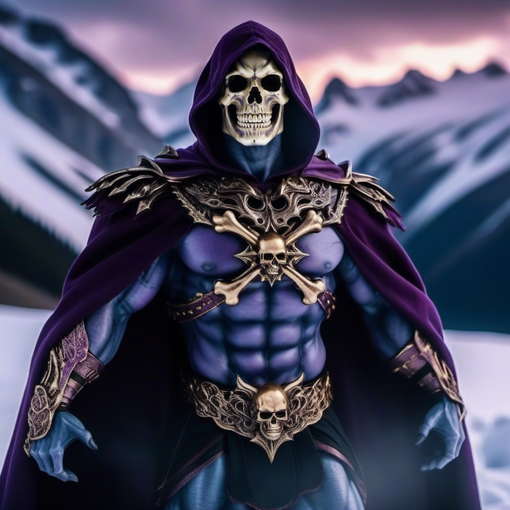 cinematic photo a muscular man, skeleton face, purple cape, cloak, in the alps, snow <lora:Skeletor1024-000190:0.8> . 35mm photograph, film, bokeh, professional, 4k, highly detailed