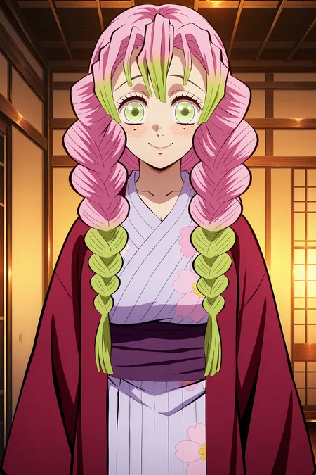 anime screencap, anime coloring, detailed face, masterpiece, best quality, very aesthetic, absurdres, volumetric lighting, official style, amazing quality, ultra detailed, highres, amazing quality, scenery, beautiful detailed hair, beautiful detailed eyes,
<lora:StS-Illustrious-Detail-Slider-v1.0:4>
<lora:Mitsuri_Kanroji_Demon_Slayer_-_Illustrious_V2:1>
scenery, masterpiece, best quality, very aesthetic, anime coloring, screencap, anime screencap, masterpiece, detailed face, nsfw, uncensored,
inside a traditional Japanese inn,
kanroji mitsuri, 1girl, pink hair, green hair, multicolored hair, long hair, twin braids, mole under eye, green eyes, large breasts,
Mitsuri hot spring kimono (outfit), japanese clothes, floral print, bath yukata, red haori, sash, obi.
happy girl, shy girl, embarrassed smile, looking at the viewer,