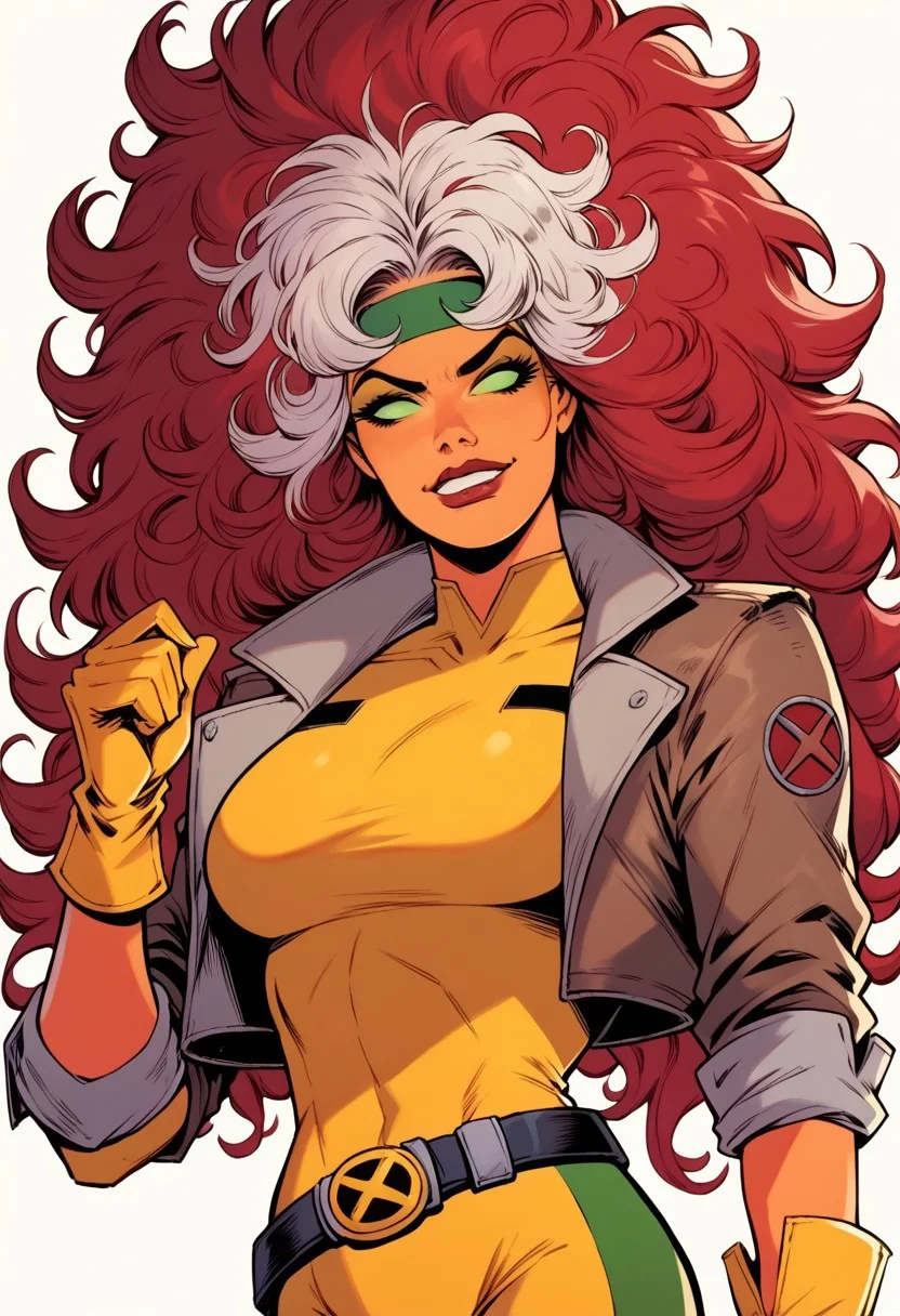 score_9, score_8_up, score_7_up, 1girl, solo, StarfireDG, DEFRogue, orange skin, green eyes, no pupils, lipstick, red hair, two-tone hair, long hair, white bangs, dyed bangs, messy hair, headband, big breasts, cropped jacket, brown jacket, yellow bodysuit, long bodysuit, yellow gloves, belt, yellow boots, full clothed, smug