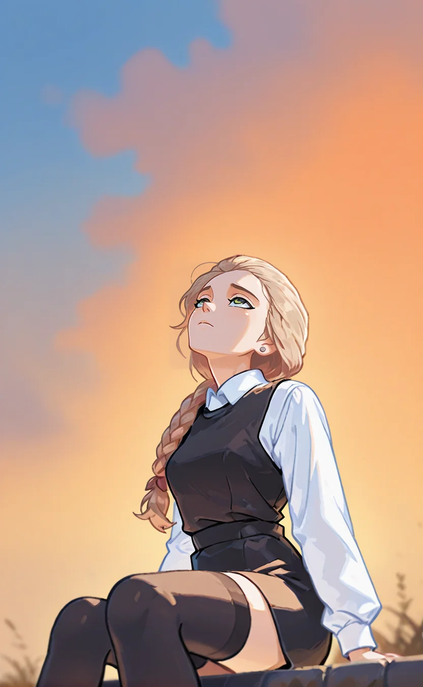 blue hour shot of concept art masterpiece, ultra-HD, impressionism (1.5), high detail, depth of field,
katyastik, 1girl, solo, long hair, braid, blonde hair, jewelry, earrings, single braid, green eyes, single braid, stud earrings, hair red bow,
shirt, white shirt, long sleeves, hair bow, stud earrings, vest, collared shirt, black vest, short skirt,
black thighhighs, sitting, sad, expressionless, sky, evening, orange sky, looking up, depth of field, masterpiece, best quality, newest, very awa
<lora:NOOB_vp1_detailer_by_volnovik_v1:1.4> <lora:DarkerThanBlackIllustrious:1> <lora:katyastik00001:1> . digital artwork, illustrative, painterly, matte painting, highly detailed. Cool light, twilight, peaceful, moody