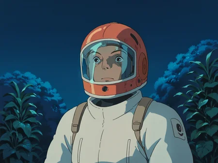 1other astronaut blue_theme fantasy helmet night night_sky outdoors plant_focus sky solo space_helmet spacesuit star_(sky) tanabata tanzaku tree, <lora:StudioGhibliUltimateV3:0.8>, score_9, score_8_up, score_7_up