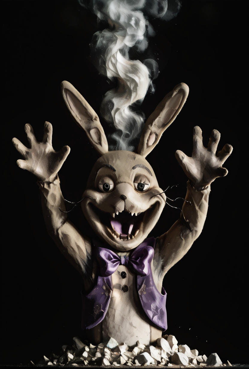 <lora:glitchtrap-04:1> glitchtrap, smile, purple bowtie, purple vest, , furry, 1boy, rabbit ears,  <lora:Ash_Baby__Meme_Concept__IllustriousXL_and_NoobAI:1> ashbaby, black eyes, open mouth, looking at viewer, hands up, arms up, black background, dark background, upper body, rock, smoke, , white skin, colored skin, masterpiece, best quality, amazing quality, very aesthetic, absurdres, newest,