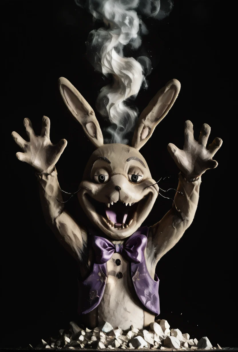 <lora:glitchtrap-04:1> glitchtrap, smile, purple bowtie, purple vest, , furry, 1boy, rabbit ears, <lora:Ash_Baby__Meme_Concept__IllustriousXL_and_NoobAI:1> ashbaby, black eyes, open mouth, looking at viewer, hands up, arms up, black background, dark background, upper body, rock, smoke, , white skin, colored skin, masterpiece, best quality, amazing quality, very aesthetic, absurdres, newest,