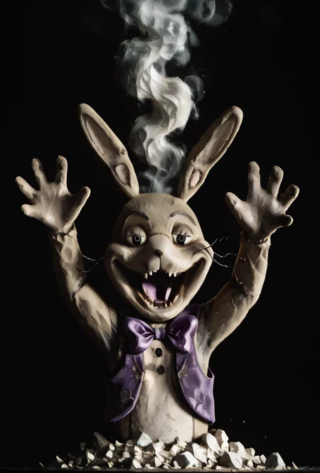 <lora:glitchtrap-04:1> glitchtrap, smile, purple bowtie, purple vest, , furry, 1boy, rabbit ears,  <lora:Ash_Baby__Meme_Concept__IllustriousXL_and_NoobAI:1> ashbaby, black eyes, open mouth, looking at viewer, hands up, arms up, black background, dark background, upper body, rock, smoke, , white skin, colored skin, masterpiece, best quality, amazing quality, very aesthetic, absurdres, newest,