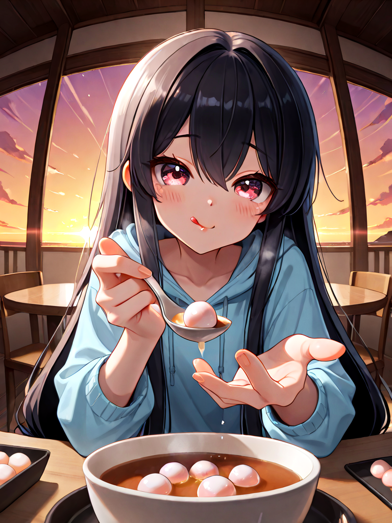 absurdres, explicit, tangyuan feeding, incoming food, blurry foreground, fisheye, pov, 1girl, shy, smile, holding spoon, hand up, sitting, soup, table, steam, steaming food, close-up, foreshortening, reaching towards viewer, sunset, black hair, absurdly long hair, low-tied long hair,  ((((pouty lips, licking lips)))), ((((beckoning, offering hand)))),<lora:girlliketangyuanfeeding_ilxl:0.8>