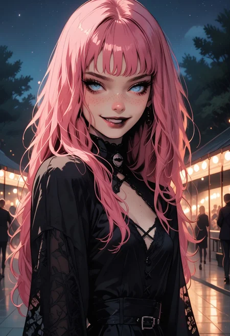 score_9, score_8_up, score_7_up, flat color, g4n1m3, comicbookpage style, high contrast, 
1girl, indoor, long hair, beautiful face, spanish, blue eyes, freckles, small breasts, braless, perfect legs, ((full body view)), pink hair, black gothic dress with a short skirt, at a festival in the park, amusement rides, wearing chickens, a sweet smile, night