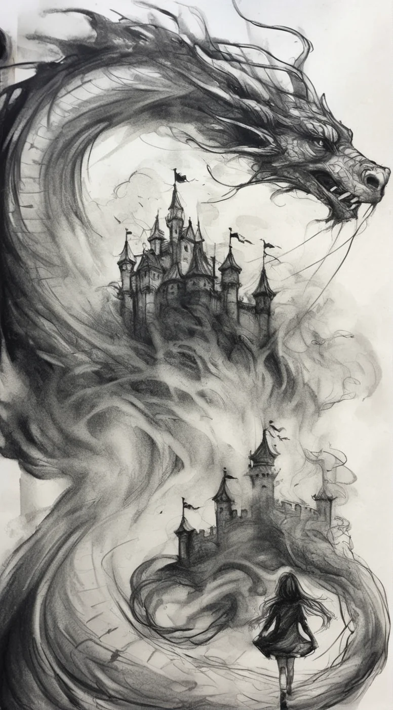 visiblend girl and dragon of the castle, black ink<lora:visiblend:0.8>