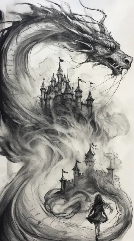 visiblend girl and dragon of the castle, black ink<lora:visiblend:0.8>