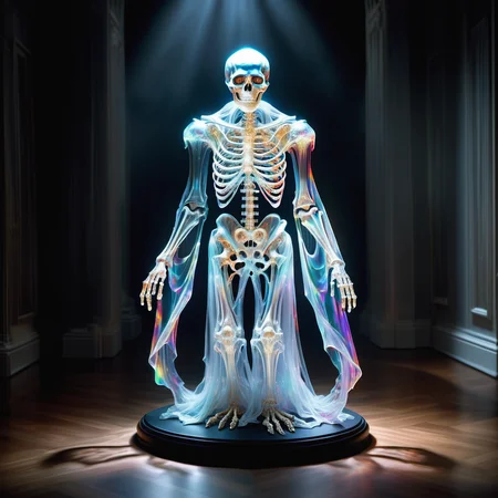 hyper detailed masterpiece, dynamic, awesome quality,DonMSp3ctr4lXL,transluscent obambo, Skeletal ghost, thin and fragile appearance, haunting and sorrowful presence, unfulfilled desires, eerie, unsettling <lora:DonMSp3ctr4lXL:1>