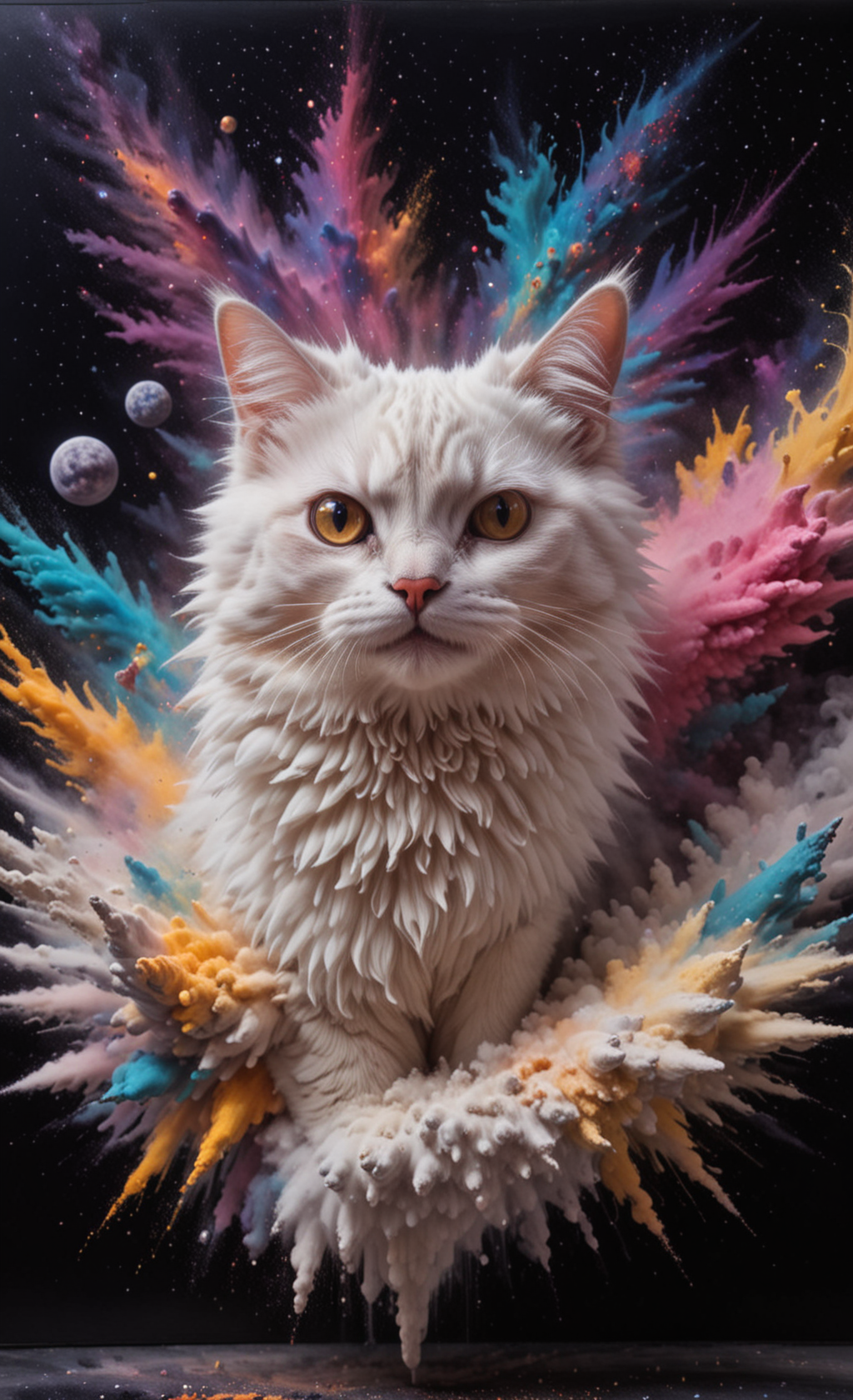 a white cute fluffy cat, Milky Way, (3D Framed, Cat), with mind blowing depth and foreground clarity, abstract details, distinctive visuals, Intricate and Exquisite Definition, Painstaking Attention To Details (Very Intricate), (UHD), <lora:3D_Framed_Wall_Art_-_By_DICE:1>, (3D Framed, Cat), (Unreal Details), (Exquisite intricacies)  <lora:Colorful_Powder_Explosion_-_By_DICE:1>, Colorful Powder Explosion, <lora:Milky-Way_Sky_-_By_DICE_For_Cosmogonaut:1>, Milky way,