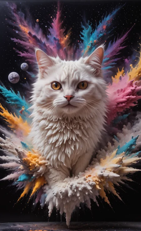 a white cute fluffy cat, Milky Way, (3D Framed, Cat), with mind blowing depth and foreground clarity, abstract details, distinctive visuals, Intricate and Exquisite Definition, Painstaking Attention To Details (Very Intricate), (UHD), <lora:3D_Framed_Wall_Art_-_By_DICE:1>, (3D Framed, Cat), (Unreal Details), (Exquisite intricacies) <lora:Colorful_Powder_Explosion_-_By_DICE:1>, Colorful Powder Explosion, <lora:Milky-Way_Sky_-_By_DICE_For_Cosmogonaut:1>, Milky way,