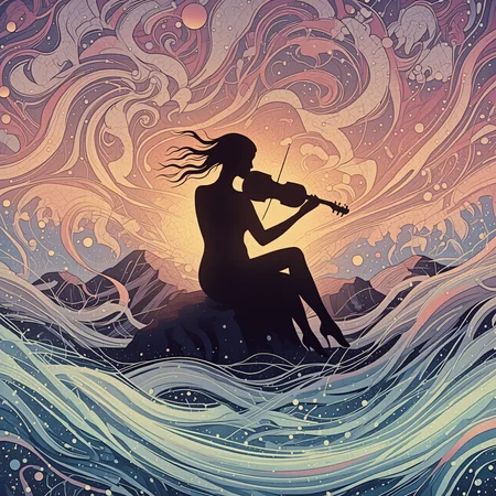 Silhuflowart mode, soft fluid lines, warm pastel colors, era sunset dreamscape, flowing summer dress, solo, Silhuflowart silhouette style, Rating SFW, a figure sits on the beach, playing a gentle tune on their instrument as the pastel sunset fades behind them, ¬the soft curves of their silhouette blend with the fluid colors of the sky, creating a peaceful moment of solitude, warm pastel glow filter with soft transitions.