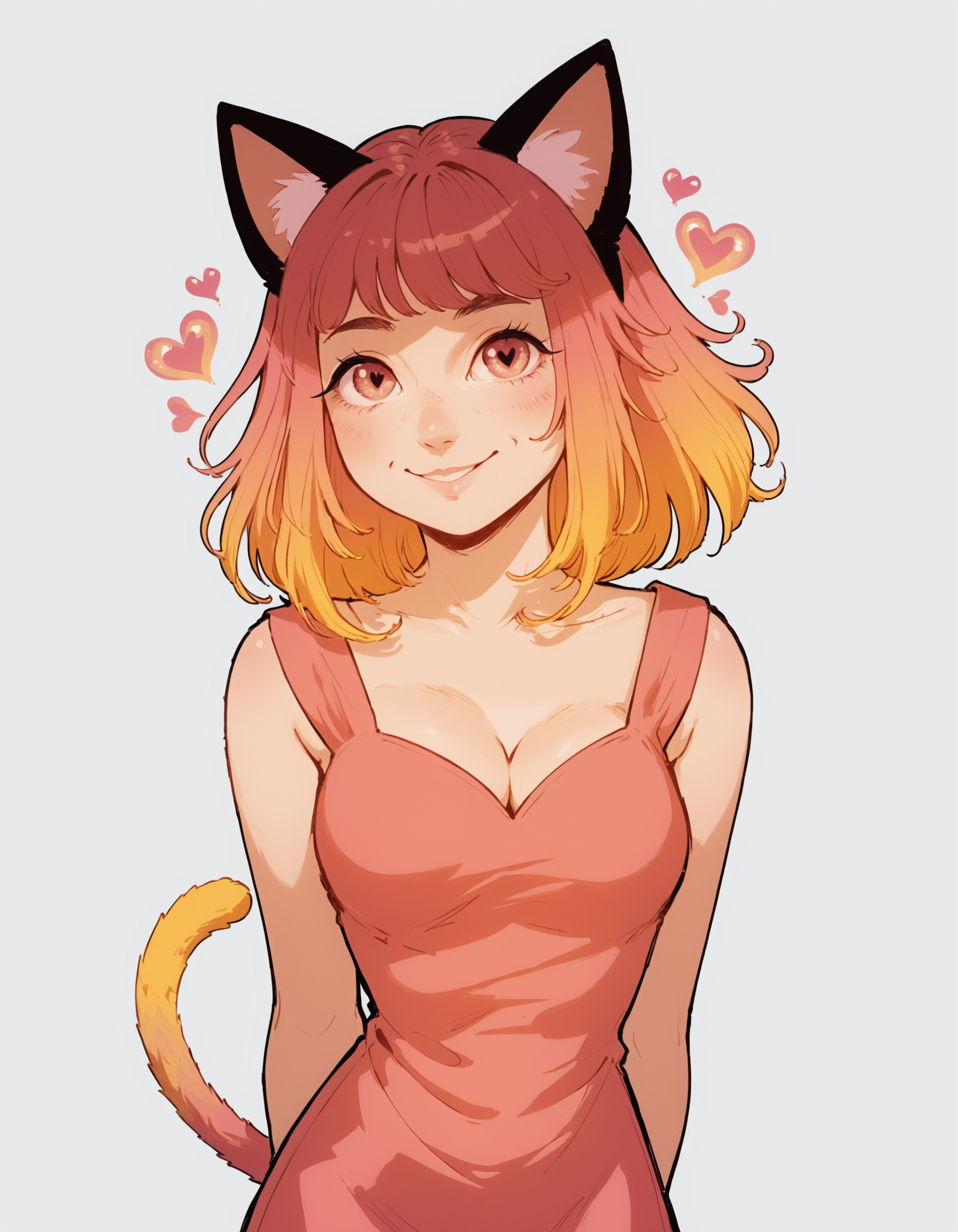 1girl, woman, solo, simple background, cat tail, cat ears, medium sized breasts, cleavage, summer dress, smile, long hair, hands behind back, hearts, love, colorful, large eyes, vintage_pop <lora:whimsical_vintage_pop:1>