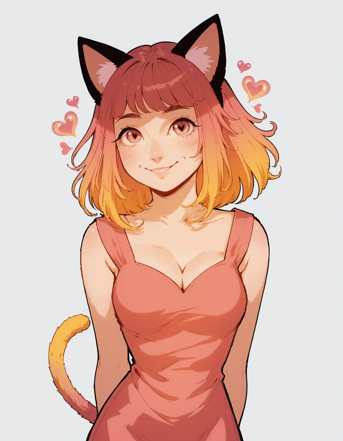 1girl, woman, solo, simple background, cat tail, cat ears, medium sized breasts, cleavage, summer dress, smile, long hair, hands behind back, hearts, love, colorful, large eyes, vintage_pop <lora:whimsical_vintage_pop:1>