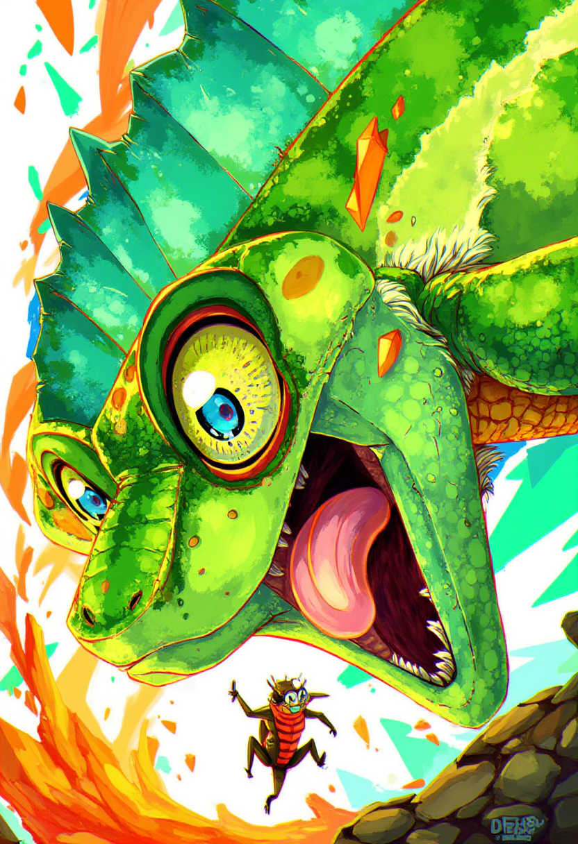 in the style of ck-lttlegh0st, A vivid close-up of a chameleon catching an insect with its tongue, the scene frozen in action as shards of bright green, turquoise, and orange spiral outward in sharp, angular shapes. The animal's eye is rendered with hyper-realistic detail, contrasting with the abstract explosion surrounding it, resembling avant-garde album art.