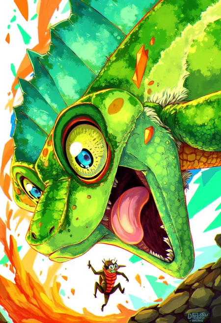 in the style of ck-lttlegh0st, A vivid close-up of a chameleon catching an insect with its tongue, the scene frozen in action as shards of bright green, turquoise, and orange spiral outward in sharp, angular shapes. The animal's eye is rendered with hyper-realistic detail, contrasting with the abstract explosion surrounding it, resembling avant-garde album art.