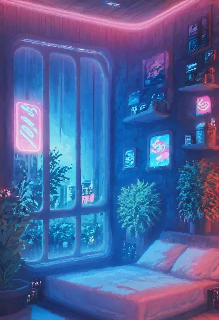 score_9,score_8_up,score_7_up,score_6_up, pixelart,pixel,
steaming coffee cup on windowsill, plants on the windowsill, wall of plants, monstera plant, large plant, tidy bedrrom, small room, cramped bedroom, teddies on the bed, cyberpunk city view out of the window, neon light, purple neon lights,