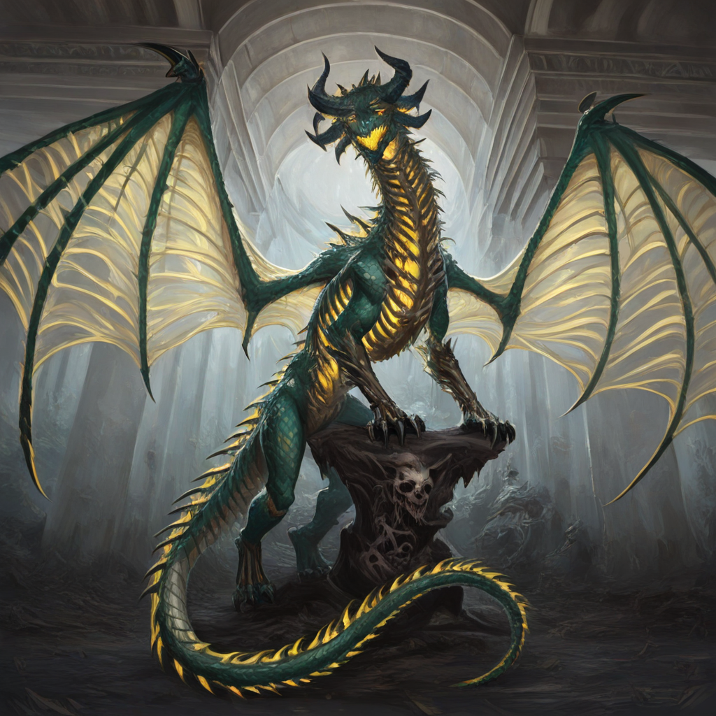 masterpiece, best quality, newest, absurdres, highres, DRALV1.0, undead dragon, undead, skeleton, bones, monster, no humans, dragon, wings, tail, wings, dragon wings, dragon horns, horns, multiple horns, green scales, yellow eyes,