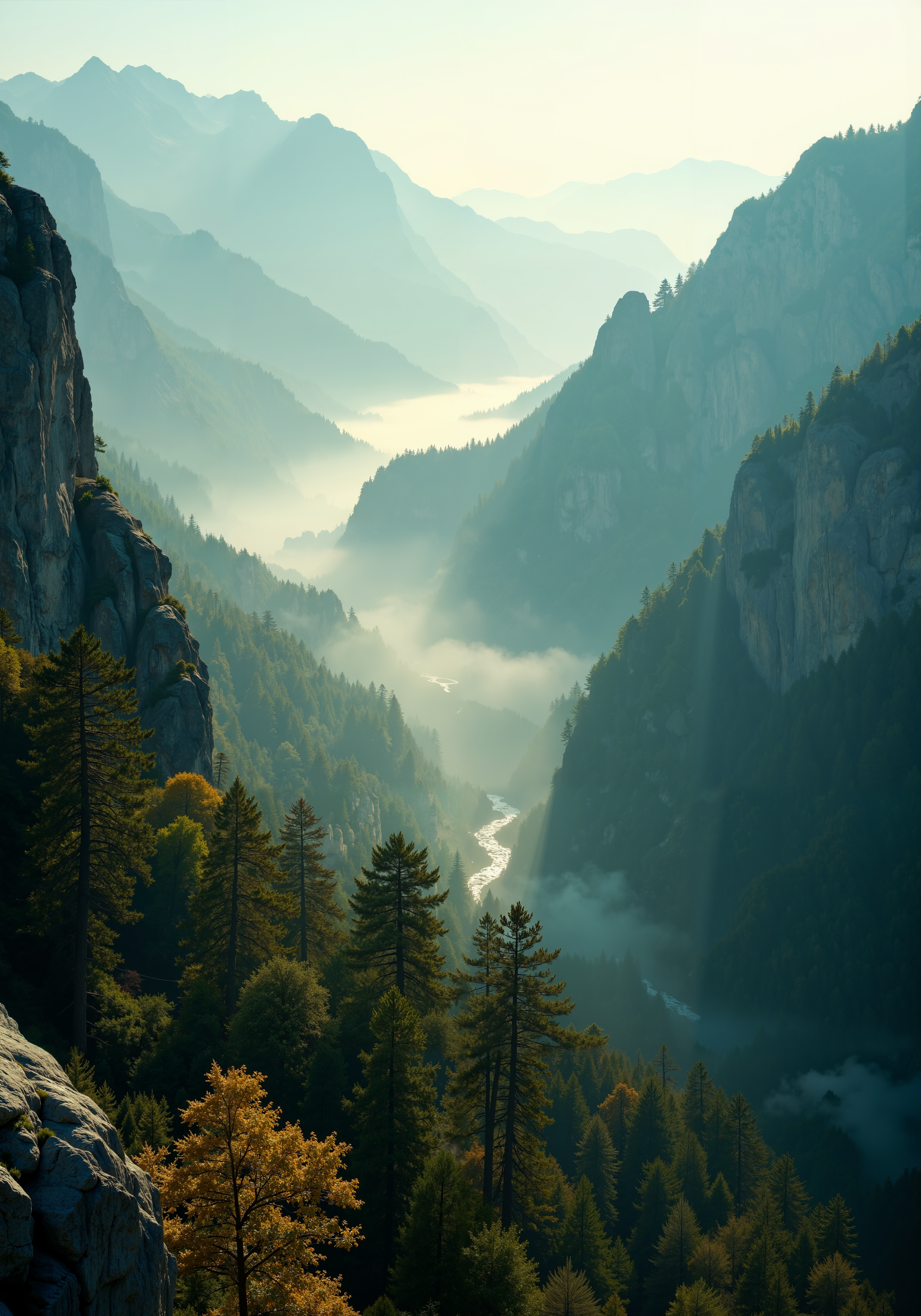 A sweeping aerial view over rugged mountain ranges embracing dense, time-worn forests shrouded in delicate morning mist. Craggy rock faces and textured, ancient trunks highlighted in soft, golden light evoke an ethereal atmosphere. Intricate, crisp details, vibrant emerald greens and earthy browns interlace with subtle gradients, captured from a dramatic low-angle dynamic tracking perspective that celebrates expansive spatial composition. 8k masterpiece quality, refined natural textures, and emotive interplay of light and shadow amplify the serene ambiance of this majestic landscape. <lora:FluxMythR3alisticF:0.4> <lora:é£æ ¼å-è¶ç°å®:0.4> <lora:Chris_Luka:0.2> <lora:flux_dev:1>