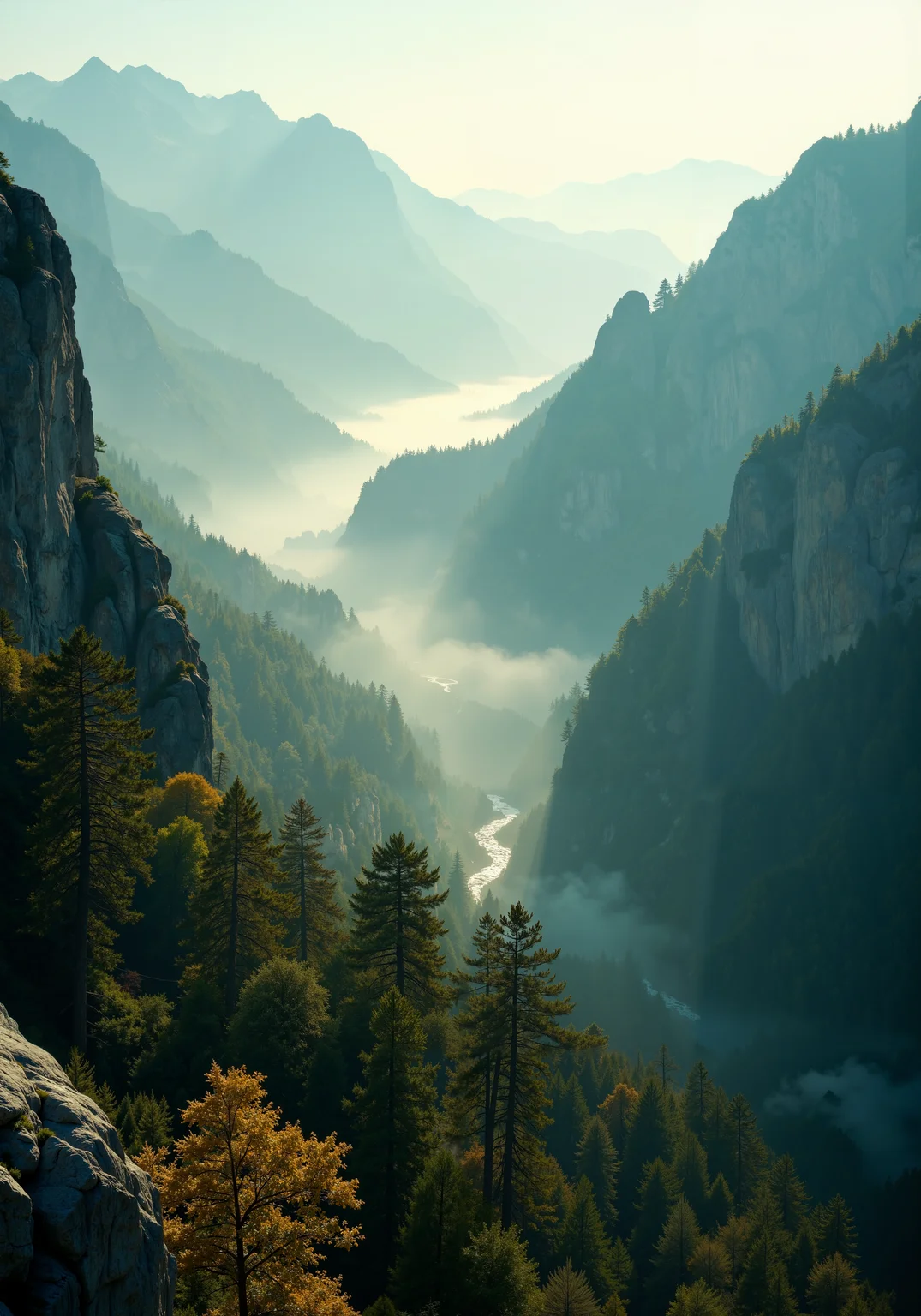 A sweeping aerial view over rugged mountain ranges embracing dense, time-worn forests shrouded in delicate morning mist. Craggy rock faces and textured, ancient trunks highlighted in soft, golden light evoke an ethereal atmosphere. Intricate, crisp details, vibrant emerald greens and earthy browns interlace with subtle gradients, captured from a dramatic low-angle dynamic tracking perspective that celebrates expansive spatial composition. 8k masterpiece quality, refined natural textures, and emotive interplay of light and shadow amplify the serene ambiance of this majestic landscape. <lora:FluxMythR3alisticF:0.4> <lora:飿 ¼å-è¶
ç°å®:0.4> <lora:Chris_Luka:0.2> <lora:flux_dev:1>