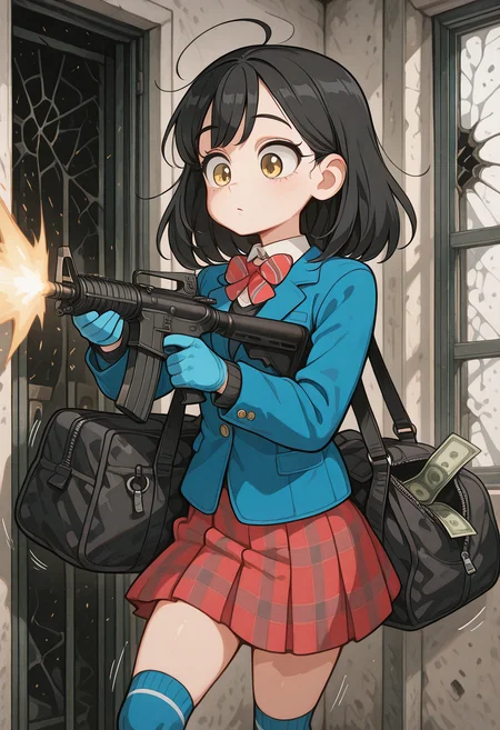 masterpiece, best quality, amazing quality, very aesthetic, absurdres, diives, masterpiece, 8K, depth of field, focused subject, best quality,newest, absurdes,  (correct anatomy:1.5)
1girl, solo, ishimori, black hair, medium hair, ahoge, yellow eyes, white shirt, collared shirt, red bowtie, striped bowtie, blue jacket, black sweater, long sleeves, pleated skirt, plaid skirt, blue kneehighs
firing ar-15, money duffle bag, blue gloves, 
broken window, white, background, shadows, motion lines
 <lora:add-detail-xl:1>  <lora:spo_sdxl_10ep_4k-data_lora_webui:1> <lora:StS_PonyXL_Detail_Slider_v1.4_iteration_3:3.40> <lora:diives-IL-boosted:0.90> <lora:MoriiMee_Gothic_Niji_Style_Illustrious_r1:0.50> <lora:illustriousXL_stabilizer_v1.23:0.30> <lora:ishimori_uka_meipaws_1:1> <lora:firing_ar-15_money_duffle_bag_blue_gloves:1>