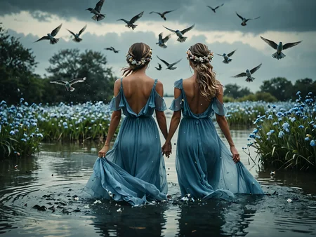 Professional photography. award winning cinematic photo.

A woman in a sweeping powder blue dress standing in water, from behind, flowers in her hair, birds taking flight, cloudy sky. muted tones.