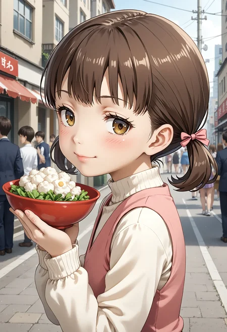 <lora:Hyper-SDXL-8steps-lora:1> <lora:Fixhands_anime_bdsqlsz_V1:1> zPDXL2, score_9, score_8_up, score_7_up, source_anime, intricate details, perfect anatomy BREAK
outdoors, city, tokyo, japan, audience, crowd, upper body, holding chopsticks, rice bowl, from side, looking at viewer, eating, Sensual, A deep, intense gaze, a slow, deliberate smile, and a relaxed posture., 1girl, solo, solo focus, 
<lora:P4-doujima_nanako_XL(pony)v10:1> p4-nanako, brown hair, low twintail, brown eyes, p4-nanako outfit, pink dress, white sleeves, red skirt, white socks, red shoes,