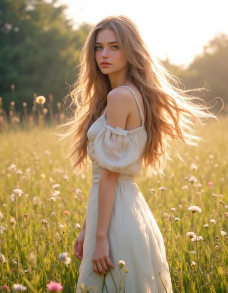 Beautiful young woman with flowing golden hair, ethereal white dress, standing in a sunlit meadow of wildflowers, soft afternoon light, dreamy atmosphere, inspired by Pre-Raphaelite paintings, Art Nouveau style, and works of John William Waterhouse, delicate facial features, serene expression, photorealistic details, high-quality digital art, vibrant colors, cinematic composition. mythp0rt, aidmaMJ6.1, ne0nfant4sy, 1girl, perfectly flat chest, tiny perky tits