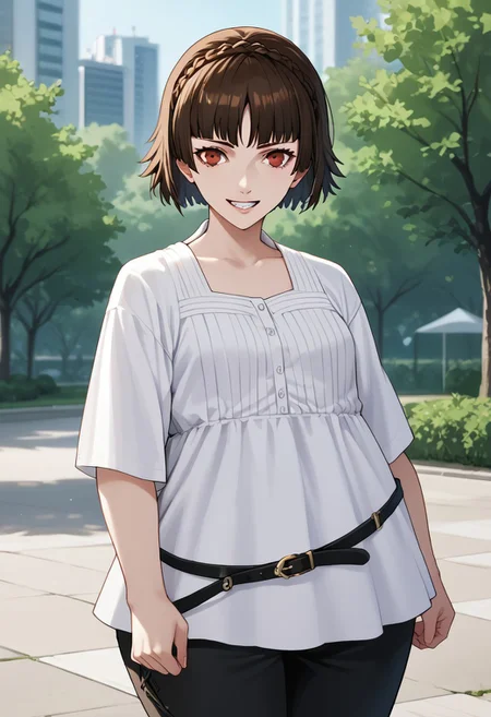 score_9, score_8_up, score_7_up, score_6_up, score_5_up, score_4_up, source_anime
1 girl, solo
p5makoto, niijima makoto, brown hair, blunt bangs, crown braid, red eyes,
p5makoto-sumcas, shirtdress, dress, white dress, open collar, black pants, capri pants, black belt, thin belt, loose belt,
outside, park, trees, greenery, standing, smile, teeth, looking at viewer,