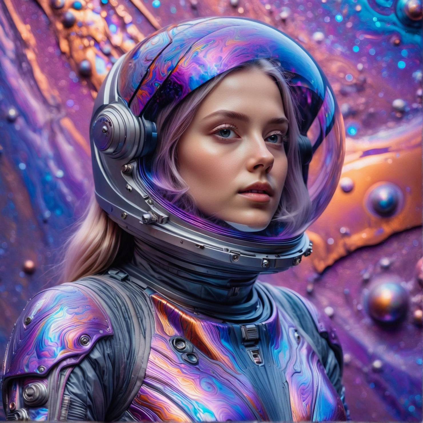 timascus style, realistic, realistic, a young woman in a spacesuit posing on timascus background,(SimplePositiveXLv2:0.6), <lora:Timascus_resized:1>