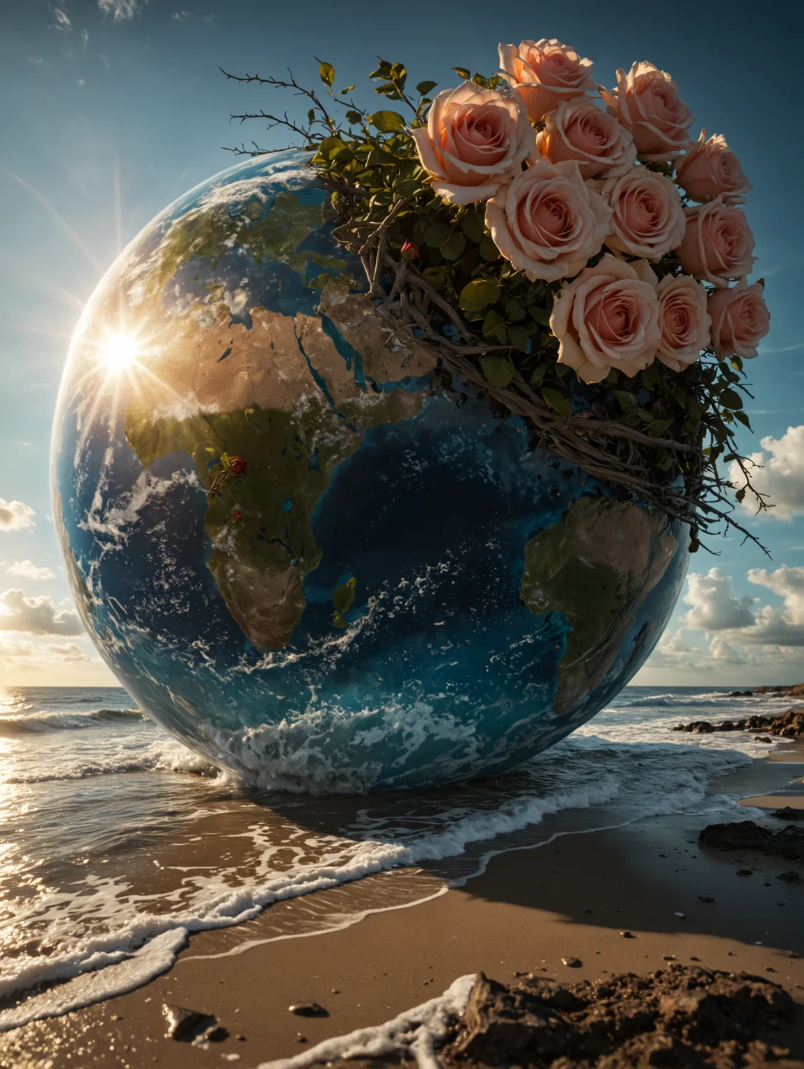 "Ultra-realistic and highly detailed image of Earth with a portion of its surface broken, and roses with long branches emerging from inside. saturated photo. The scene is romantic with heavenly light rays creating long shadows, and the ocean appearing exceptionally beautiful. The overall effect should be so convincing that it feels like this surreal event is actually happening. Professional photomontage." <lora:add-detail-xl:0.5> <lora:eye_catching:0.5> <lora:DetailMaximizer:0.7> <lora:SDXL_GigaTits:0.5>, Cinematic photography, movie mood, cinematic light, compelling composition, storytelling elements, conveys emotion, mood, and narrative depth, creating visually striking images that feel like still frames from a film