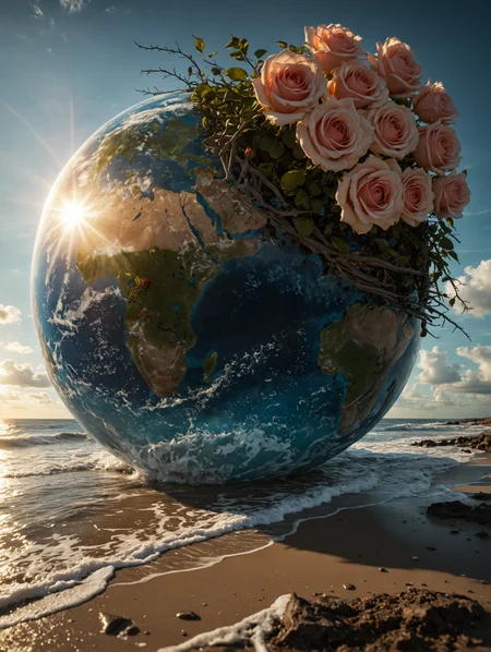 "Ultra-realistic and highly detailed image of Earth with a portion of its surface broken, and roses with long branches emerging from inside. saturated photo. The scene is romantic with heavenly light rays creating long shadows, and the ocean appearing exceptionally beautiful. The overall effect should be so convincing that it feels like this surreal event is actually happening. Professional photomontage." <lora:add-detail-xl:0.5> <lora:eye_catching:0.5> <lora:DetailMaximizer:0.7> <lora:SDXL_GigaTits:0.5>, Cinematic photography, movie mood, cinematic light, compelling composition, storytelling elements, conveys emotion, mood, and narrative depth, creating visually striking images that feel like still frames from a film