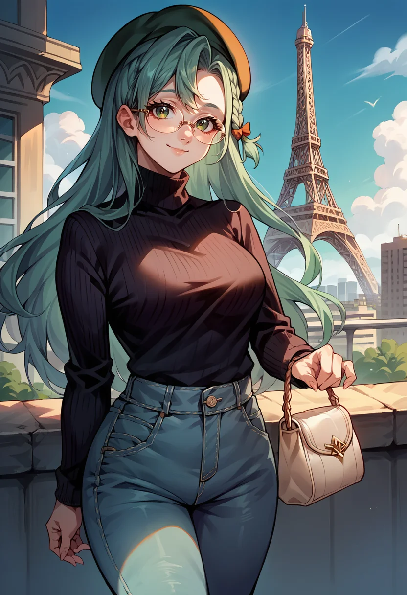 score_9, score_8_up, score_7_up, source_anime, 1girl, cowboy shot, looking at viewer, smile, closed mouth, handbag, <lora:ChloeFE-pdxl:1> rndChloe, long hair, side braid, beret, tinted eyewear, glasses, black sweater, turtleneck, jeans, outdoors, city, eiffel tower