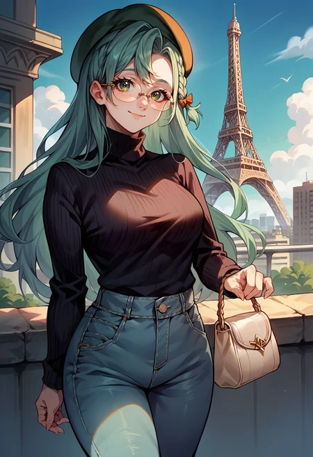 score_9, score_8_up, score_7_up, source_anime, 1girl, cowboy shot, looking at viewer, smile, closed mouth, handbag, <lora:ChloeFE-pdxl:1> rndChloe, long hair, side braid, beret, tinted eyewear, glasses, black sweater, turtleneck, jeans, outdoors, city, eiffel tower