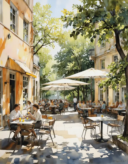 Inkquaria. A digital illustration shoot from a bird's eye view about a sunny outdoor cafe scene with people sitting at tables under large umbrellas, surrounded by lush greenery and sunlight filtering through the trees. the scene is set in an outdoor cafe with tables and chairs, and the atmosphere is relaxed and casual. on the left side of the image, a man and a woman are seated at a table, engaged in conversation, with the man holding a glass of orange juice and the woman holding a plate of food. they are both wearing casual clothing and appear to be enjoying each other's company. the woman has short brown hair and the man has short dark hair. the man is wearing a white shirt and has a relaxed expression on his face. in the background, there are several other people sitting around the tables, some of them are seated and some are standing, and they are all facing away from the camera. the cafe is surrounded by tall buildings with large windows, and there are trees with lush green leaves, creating a serene and peaceful atmosphere. the lighting is soft and natural, casting gentle shadows on the ground, adding to the serene ambiance of the scene. the overall color palette is warm and inviting, with shades of yellow, orange, and white creating a sense of relaxation and tranquility.