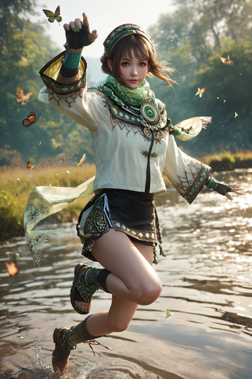 score_9, score_8_up, score_7_up, source_anime, Jumping, mimicking catching a butterfly, <lora:Bao_Sanniang_Dynasty_Warriors:0.7> girl, solo, brown hair, brown eyes, fingerless gloves, skirt, jewelry, scarf, green nails, looking at viewer