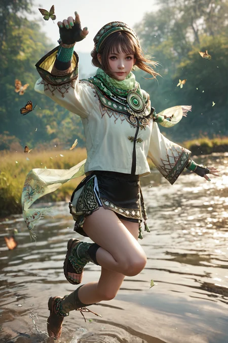 score_9, score_8_up, score_7_up, source_anime, Jumping, mimicking catching a butterfly, <lora:Bao_Sanniang_Dynasty_Warriors:0.7> girl, solo, brown hair, brown eyes, fingerless gloves, skirt, jewelry, scarf, green nails, looking at viewer